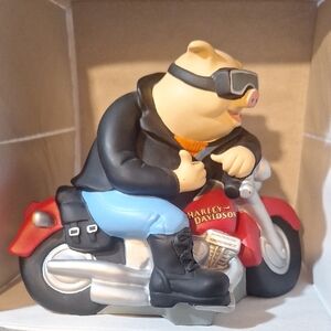 Vintage Harley-Davidson Pig Figurine on Red Motorcycle